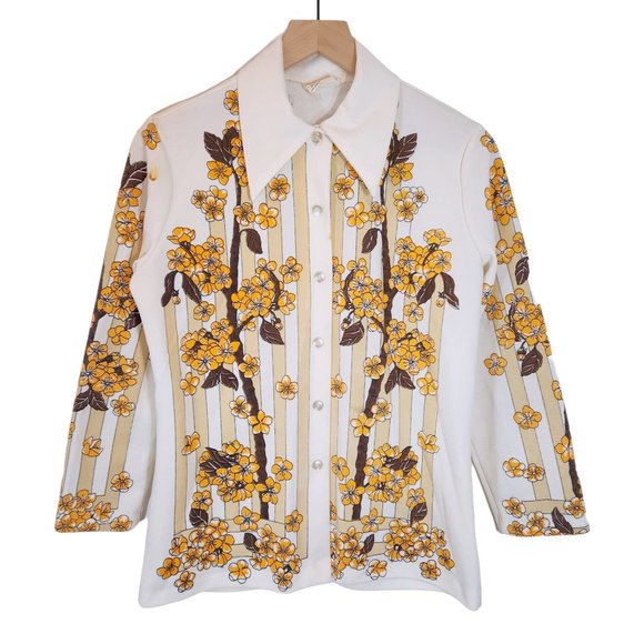 Vintage 70s All Over Floral Print Blouse Orange Dagger Collar MCM Disco Groovy - Picture 1 of 14